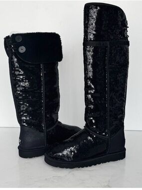 UGG Black Sequin Tall Boot with Faux Fur Cuff